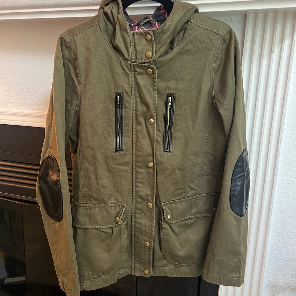 Olive Green Hooded Jacket with Black Accents